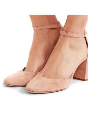 Women's Chloe Tan Suede Scalloped Ankle Strap Heels Size 39.5